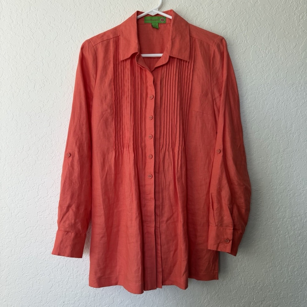 Womens 100% Linen Tunic Top Small Salmon Pink Roll Tab Resort Cruise Button Up